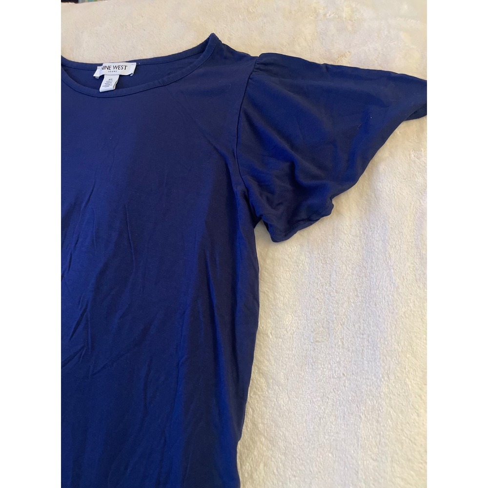 Nine West Jeans Women Navy Blue Flutter Short Sleeve Crew Neck Top XS - Picture 2 of 4